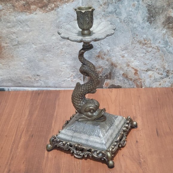 VTG Castilian Asian Figural Koi Fish Solid Brass Porcelain Candle Holder - Picture 1 of 15